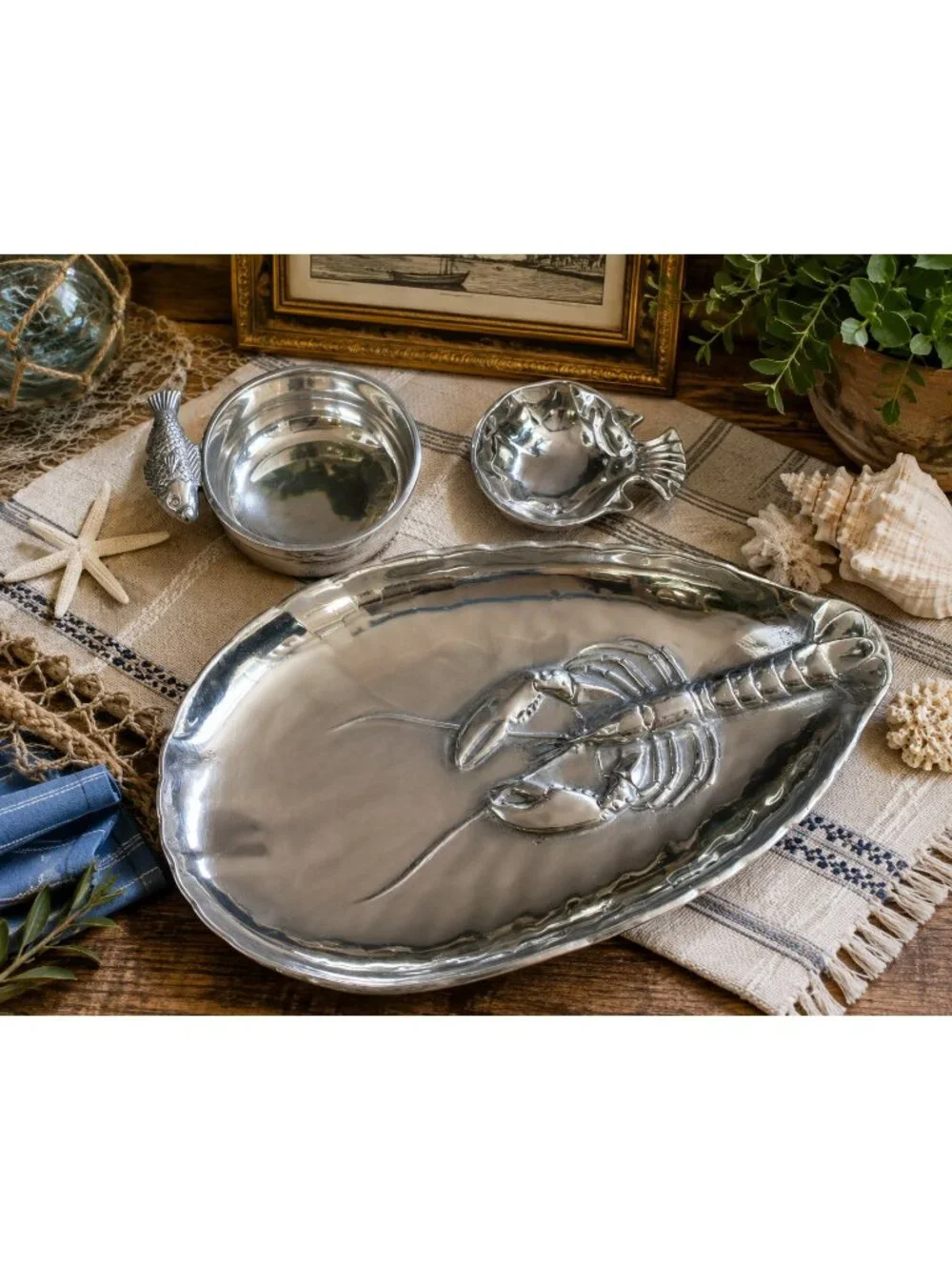 Mexico Pewter Coastal Serving Tray Set Marlin Fish Nautical Serveware Dish